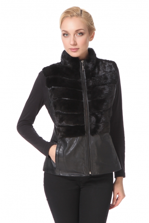 Женская кожаная куртка из натуральной кожи с воротником, отделка норка 0900274