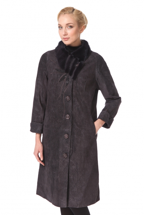 Женское кожаное пальто из натуральной замши (с накатом) с воротником,  отделка норка 0900351