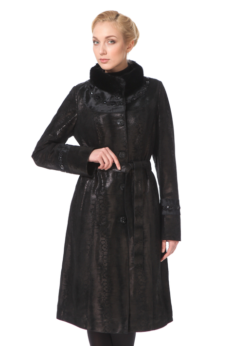 Женское кожаное пальто из натуральной замши (с накатом) с воротником, отделка норка 0900352