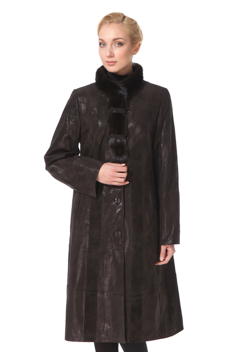 Женское кожаное пальто из натуральной замши (с накатом) с воротником,  отделка норка 0900362