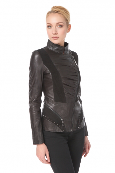 Женская кожаная куртка из натуральной кожи с воротником, отделка замша 0900530