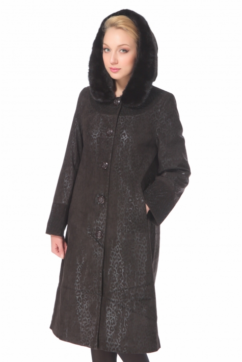 Женское кожаное пальто из натуральной замши (с накатом) с капюшоном, отделка норка 0900613