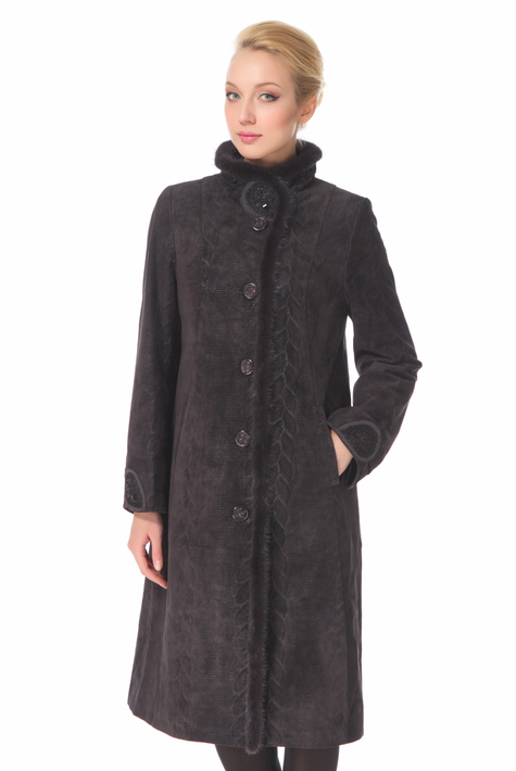 Женское кожаное пальто из натуральной замши (с накатом) с воротником, отделка норка 0900614