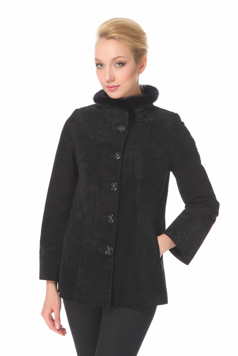 Женская кожаная куртка из натуральной замши с воротником, отделка норка 0900615
