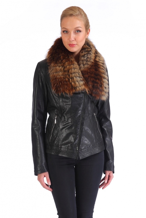 Женская кожаная куртка из натуральной кожи с воротником, отделка енот 0900902
