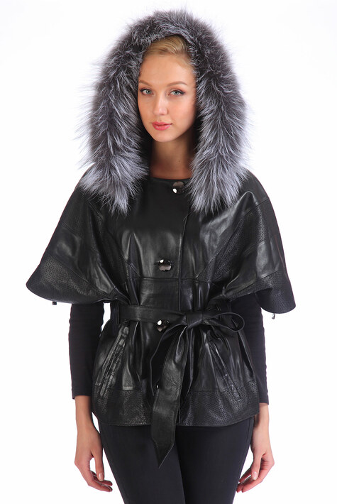 Женская кожаная куртка из натуральной кожи с капюшоном, отделка чернобурка 0900945