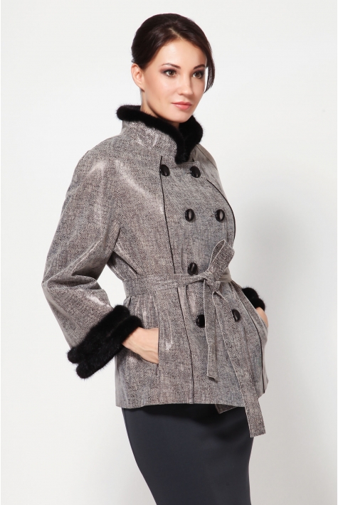 Женская кожаная куртка из натуральной замши (с накатом) с воротником, отделка норка 0900037