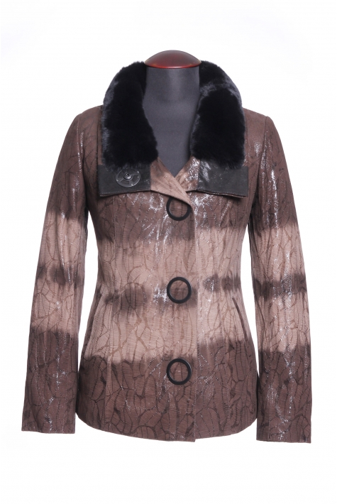 Женская кожаная куртка из натуральной замши (с накатом) с воротником, отделка кролик 0900182