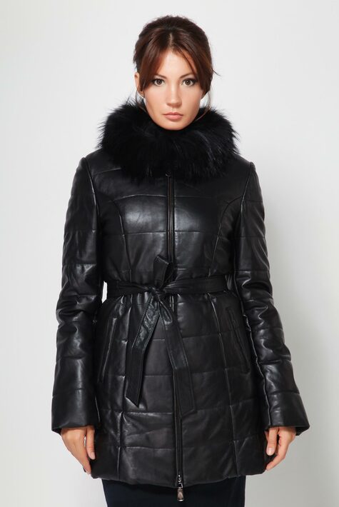 Женская кожаная куртка из натуральной кожи с воротником, отделка енот 0900004