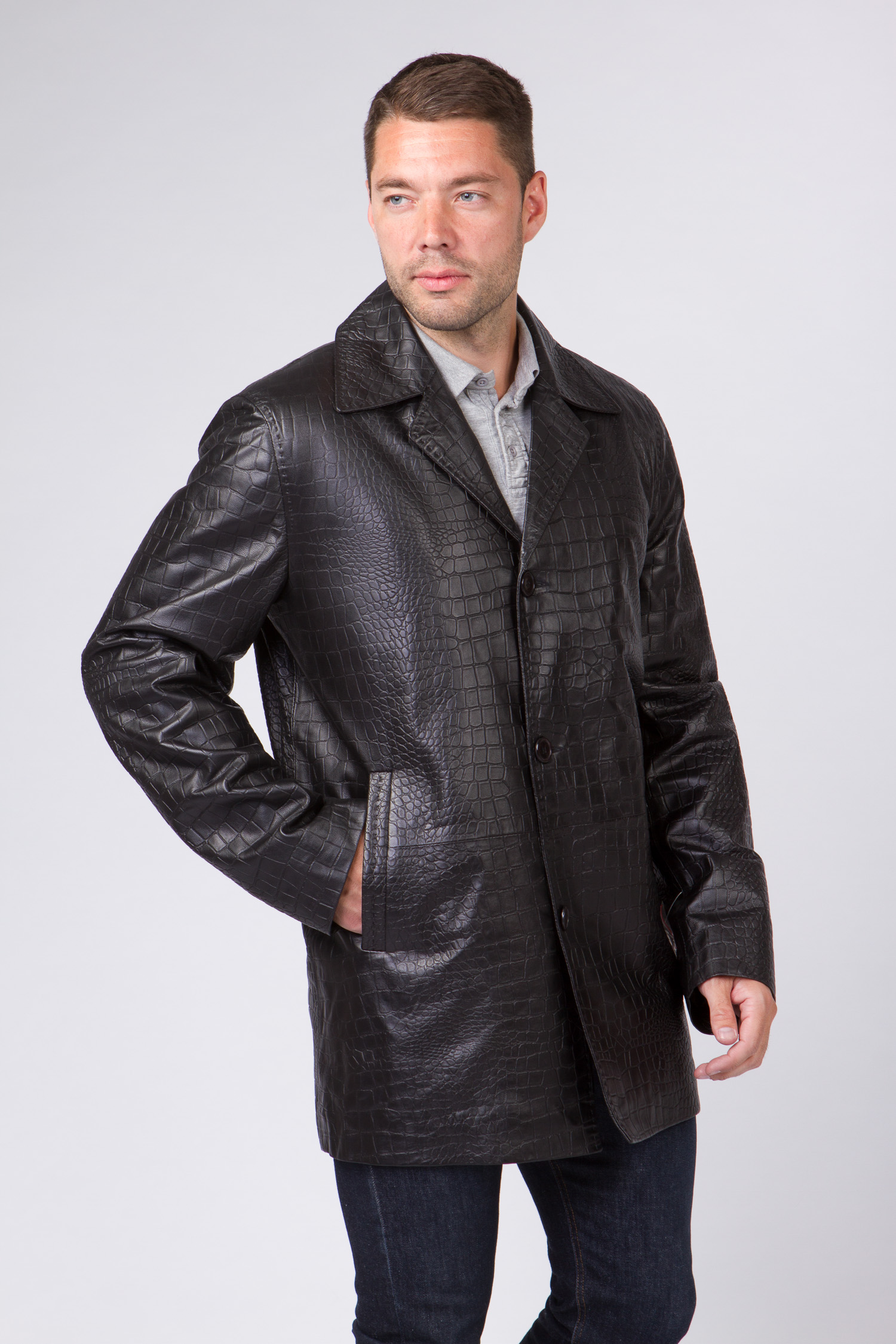 Мужская кожаная куртка из натуральной кожи с воротником, без отделки