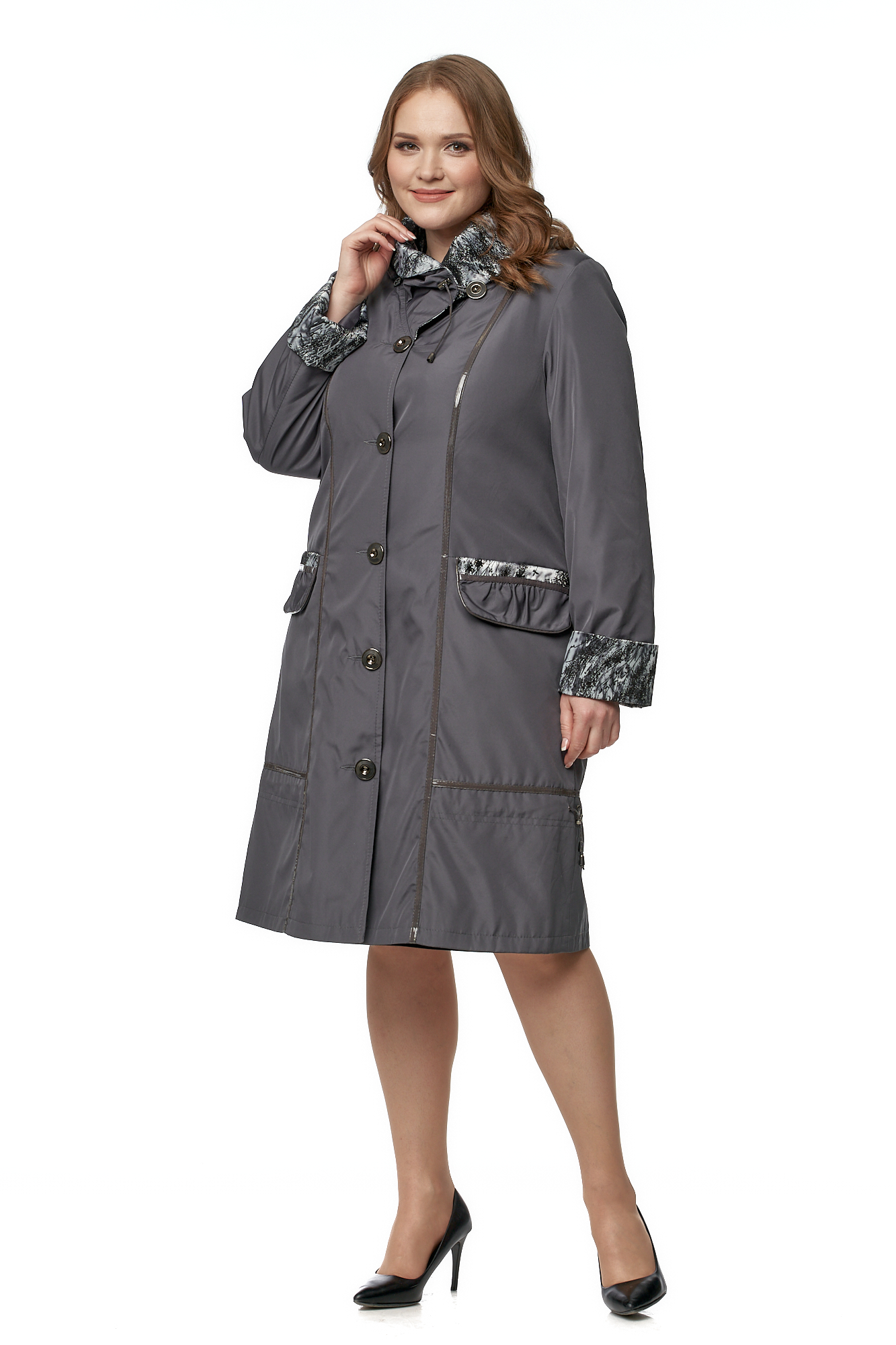

Женское пальто из текстиля с капюшоном, Серый