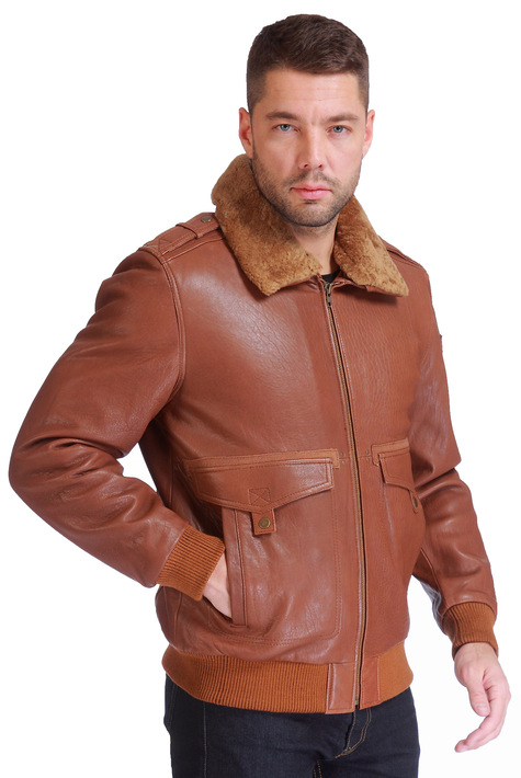 Мужская кожаная куртка из натуральной кожи утепленная, отделка овчина 0900857