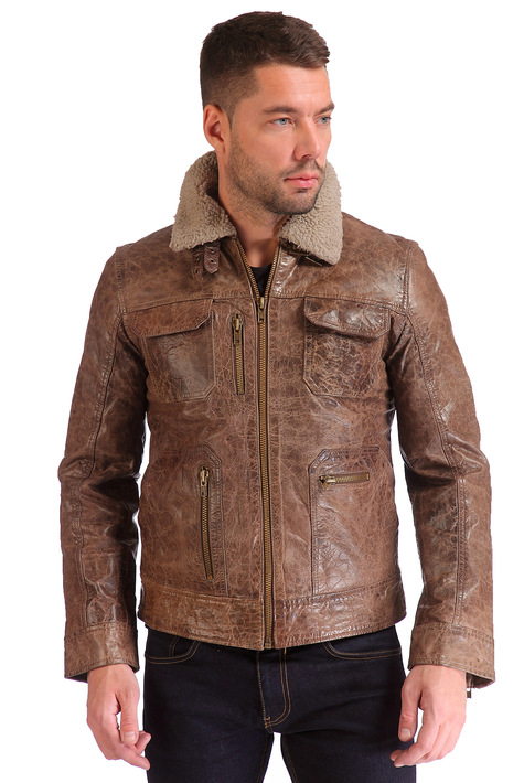 Мужская кожаная куртка из натуральной кожи утепленная, отделка искусственный мех 0900869