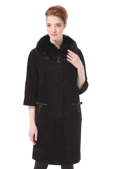 Женское кожаное пальто из натуральной замши с воротником, отделка песец 0900291