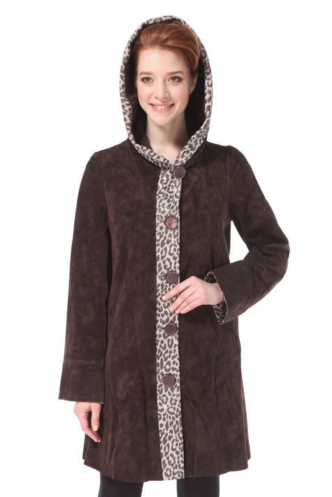 Женское кожаное пальто из натуральной замши с капюшоном 0900297