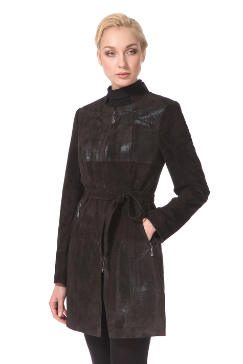 Женское кожаное пальто из натуральной замши (с накатом) с воротником 0900356