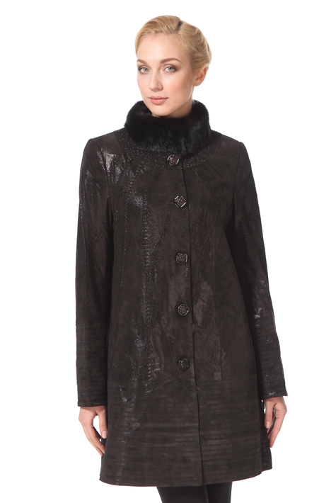Женское кожаное пальто из натуральной замши (с накатом) с воротником,  отделка норка 0900364