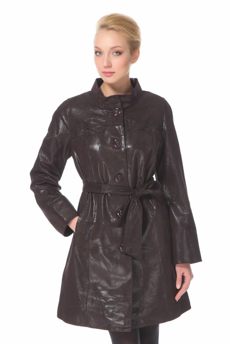 Женское кожаное пальто из натуральной замши (с накатом) с воротником, отделка кролик 0900611