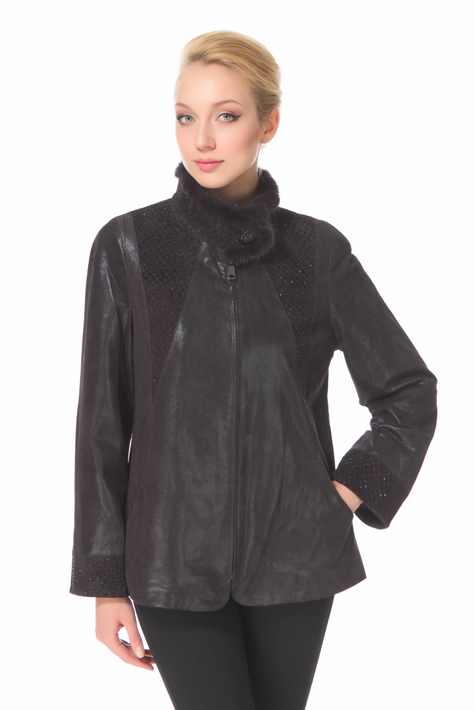Женская кожаная куртка из натуральной замши (с накатом) с воротником, отделка норка 0900612