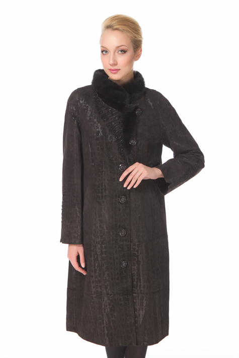 Женское кожаное пальто из натуральной замши (с накатом) с воротником, отделка норка 0900616