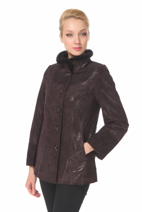 Женская кожаная куртка из натуральной замши (с накатом) с воротником, отделка норка 0900617