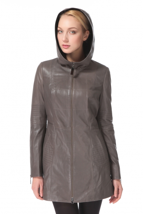 Женское кожаное пальто из натуральной кожи с капюшоном 0900656