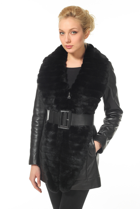 Женская кожаная куртка из натуральной кожи с воротником, отделка кролик 0900730