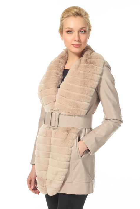 Женская кожаная куртка из натуральной кожи с воротником, отделка кролик 0900731