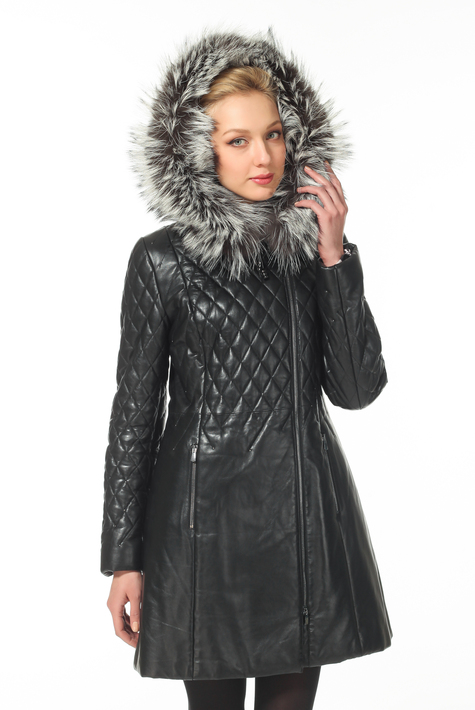 Женское кожаное пальто из натуральной кожи с капюшоном, отделка чернобурка 0900732