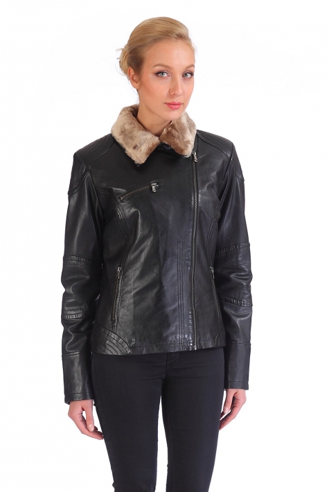 Женская кожаная куртка из натуральной кожи с воротником, отделка искусственный мех 0900896