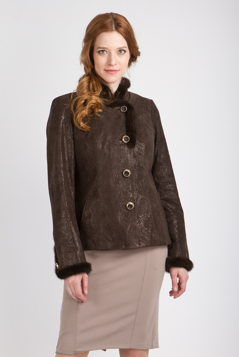 Женская кожаная куртка из натуральной замши с воротником, отделка норка 0901084