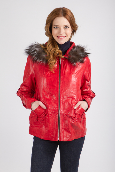 Женская кожаная куртка из натуральной кожи с капюшоном, отделка чернобурка 0901095