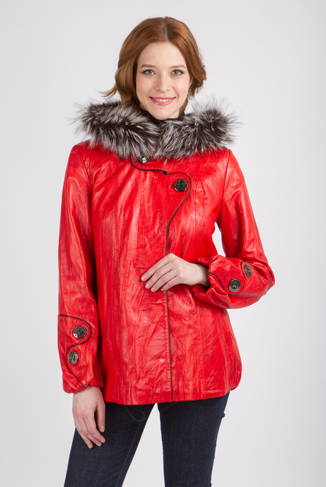 Женская кожаная куртка из натуральной кожи с капюшоном, отделка чернобурка 0901097