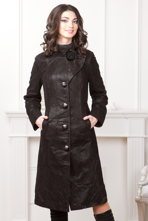 Женское кожаное пальто из натуральной замши с воротником 0901113
