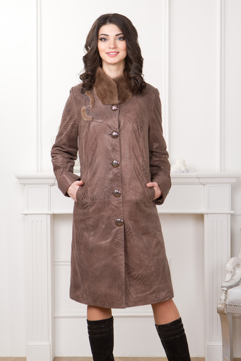 Женское кожаное пальто из натуральной замши с воротником, отделка норка 0901116