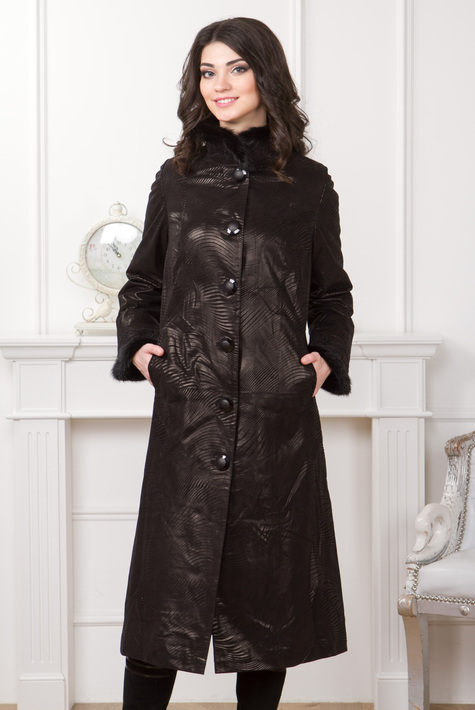 Женское кожаное пальто из натуральной замши с воротником, отделка норка 0901117