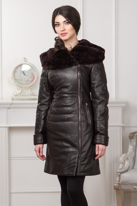Женское кожаное пальто из натуральной кожи с капюшоном, отделка мутон 0901132
