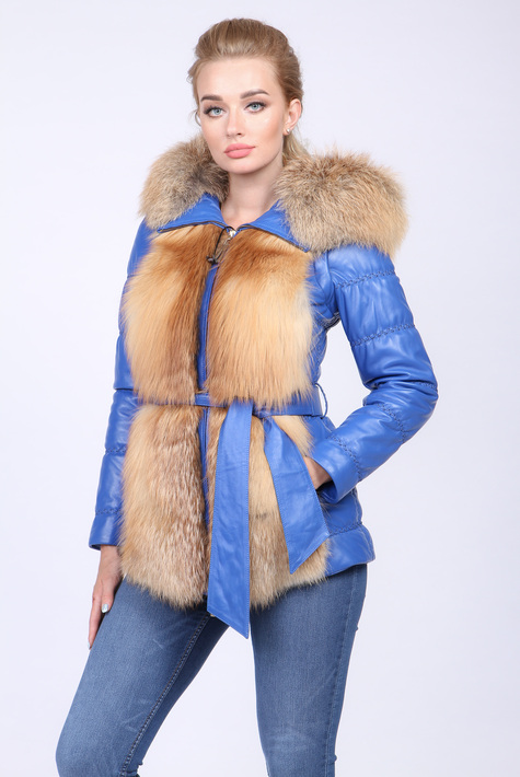 Женская кожаная куртка из натуральной кожи с капюшоном, отделка лиса 0901267