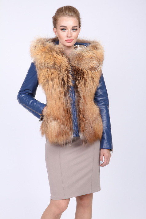 Женская кожаная куртка из натуральной кожи с капюшоном, отделка лиса 0901268