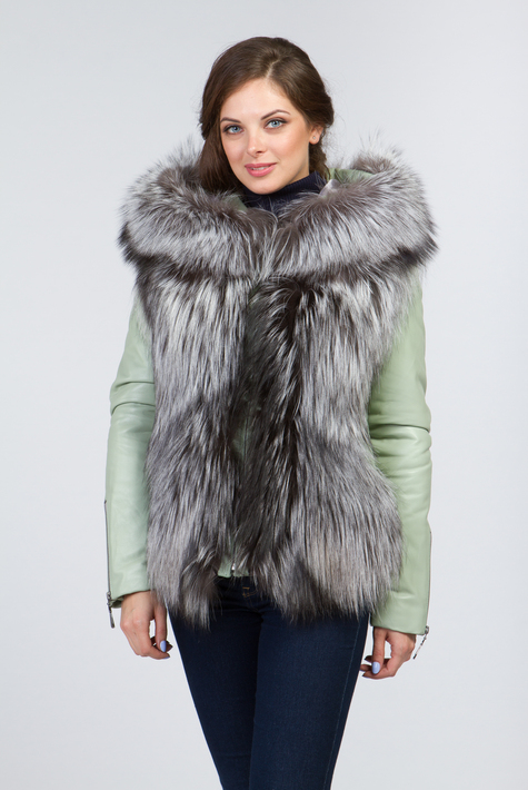 Женская кожаная куртка из натуральной кожи с капюшоном, отделка чернобурка 0901271