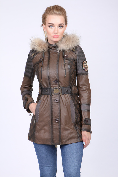 Женская кожаная куртка из натуральной кожи с капюшоном, отделка енот 0901274