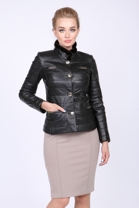Женская кожаная куртка из натуральной кожи с воротником, отделка норка 0901278
