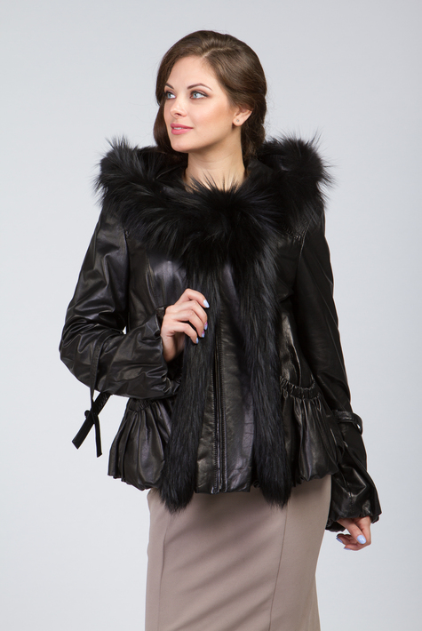 Женская кожаная куртка из натуральной кожи с капюшоном, отделка енот 0901299