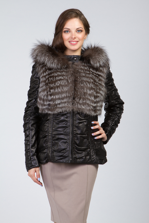 Женская кожаная куртка из натуральной кожи с капюшоном, отделка чернобурка 0901309