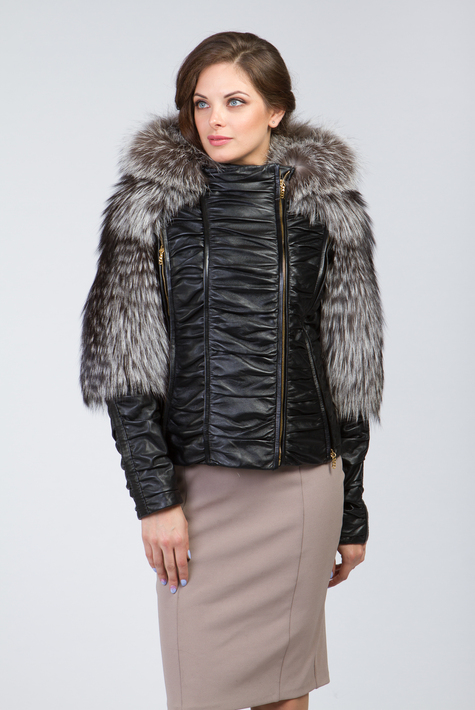 Женская кожаная куртка из натуральной кожи с капюшоном, отделка чернобурка 0901310