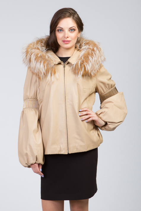 Женская кожаная куртка из натуральной кожи с капюшоном, отделка енот 0901316