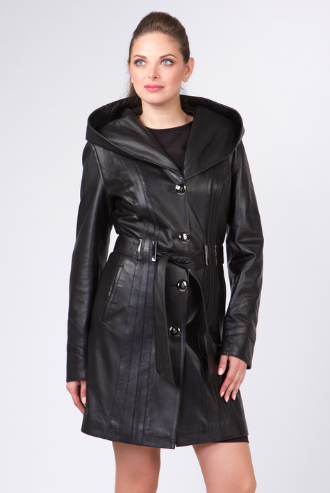 Женское кожаное пальто из натуральной кожи с капюшоном 0901419