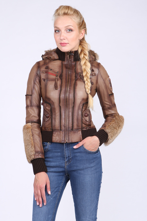 Женская кожаная куртка из натуральной кожи с капюшоном, отделка кролик 0901508
