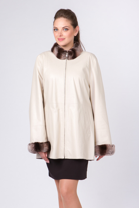 Женская кожаная куртка из натуральной кожи с воротником, отделка кролик 0901570