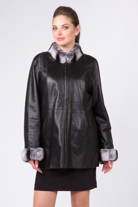Женская кожаная куртка из натуральной кожи с воротником, отделка кролик 0901571